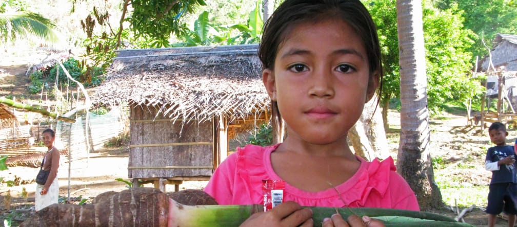 Avec pour arrière plan les cabanes de son village, une jeune fille au T-Shirt rose nous montre une belle botte de Taro