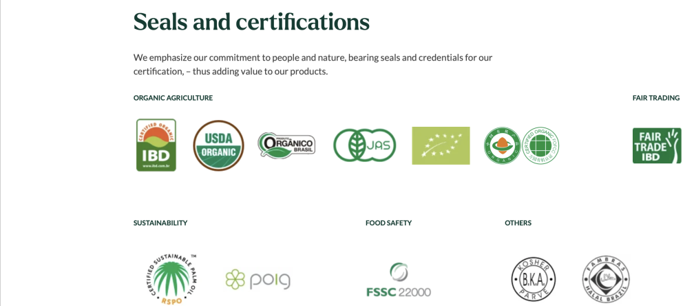 Capture d’écran du site internet d’Agropalma, avec les logos des différents labels accordés à l’entreprise