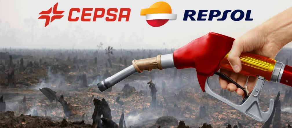 Photomontage : une pompe à essence aux couleurs de l’espagne avant en arrière plan une forêt tropicale venant d’être incendiée pour la culture d’huile de palme