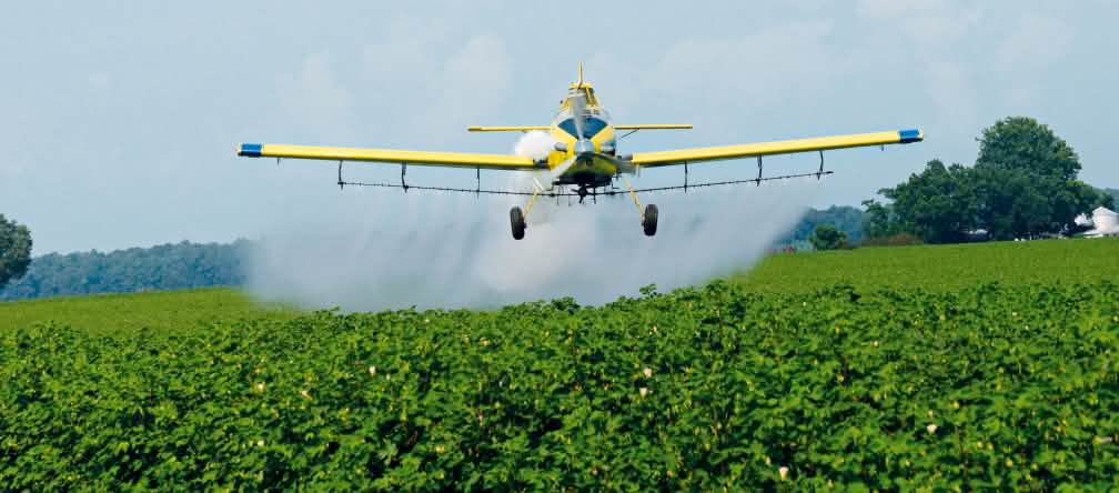 Un avion pulvérise des pesticides sur un champ de soja Un avion pulvérise des pesticides sur un champ de soja