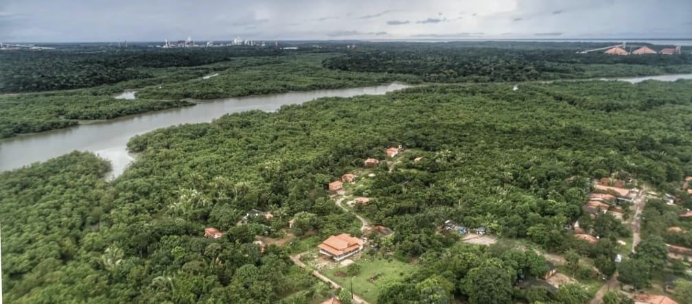 Vue aérienne de maisons entourées d’arbres qui jouxtent une rivière bordée d’une forêt de mangroves