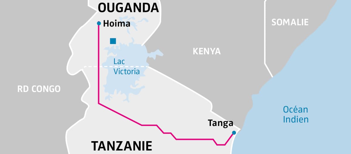Carte du tracé de l’oléoduc EACOP entre l’Ouganda et la Tanzanie