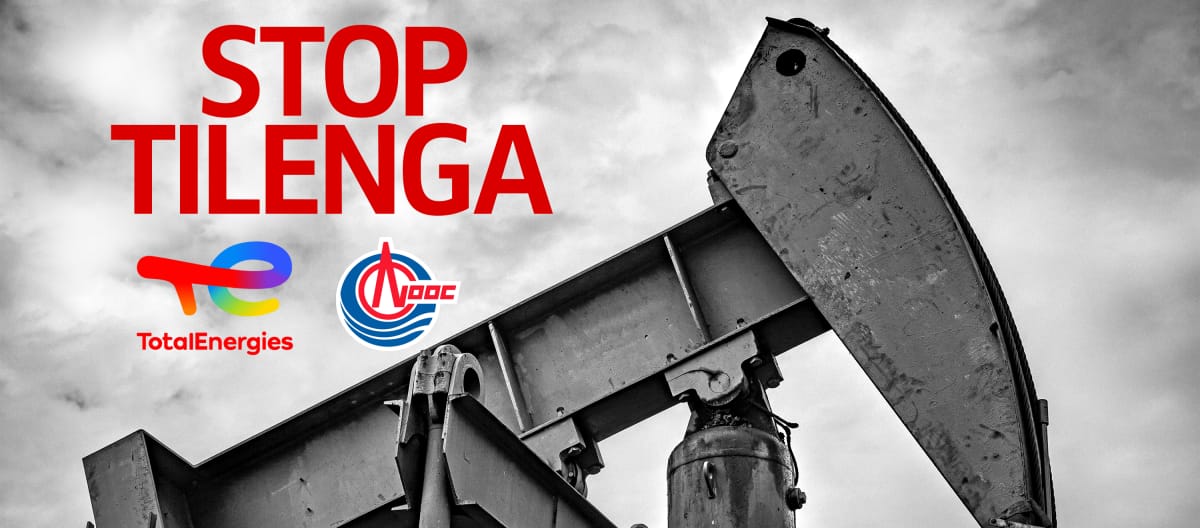 Stop au projet Tilenga en Uganda. Collage : puit de pétrole et logo de TotalEnergies
