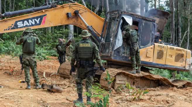 Quatre hommes armés en tenue de camouflage détruisent une pelleteuse jaune au milieu de la forêt tropicale