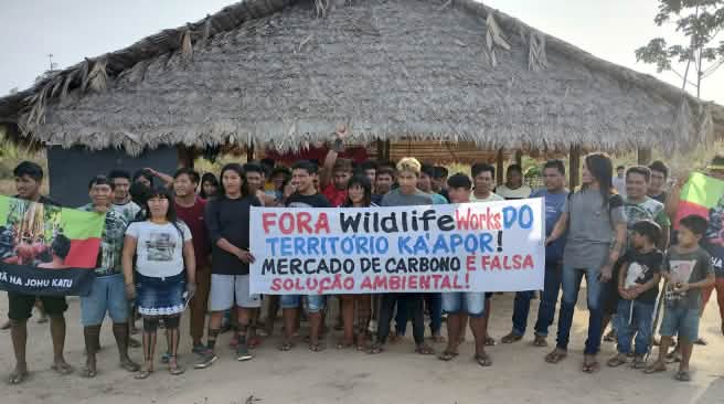 30 indigènes manifestent devant une hutte : « Wildlife Works, sortez du territoire des Ka’apor. Le commerce du carbone n’est pas une solution environnementale viable »