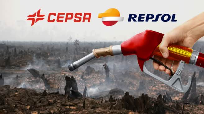 Photomontage : une pompe à essence aux couleurs de l'espagne avant en arrière plan une forêt tropicale venant d'être incendiée pour la culture d'huile de palme