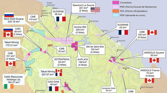 Carte Permis miniers Guyane réalisée par le collectif Or de question