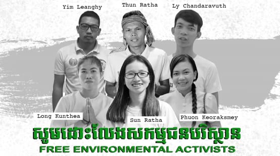 Collage des portraits des 6 militants de l’association Mother Nature emprisonné·e·s au Cambodge
