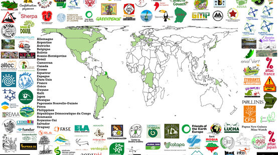 Carte du Monde localisant les 105 organisations s'opposant au projet de mine industrielle Montagne d'Or en Guyane