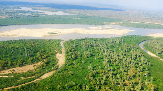 Vol au-dessus du fleuve Rufiji dans la réserve de Selous en Tanzanie