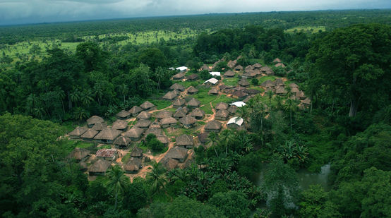 Vue aérienne d'un village au milieu de la forêt équatoriale en Sierra Leone