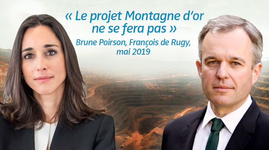 Photomontage : Brune Poirson et François de Rugy avec en arrière plan un exemple de mine industrielle. Citation : « Le projet Montagne d'or ne se fera pas » datant de mai 2019