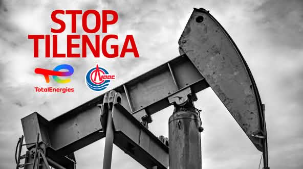 Stop au projet Tilenga en Uganda. Collage : puit de pétrole et logo de Total