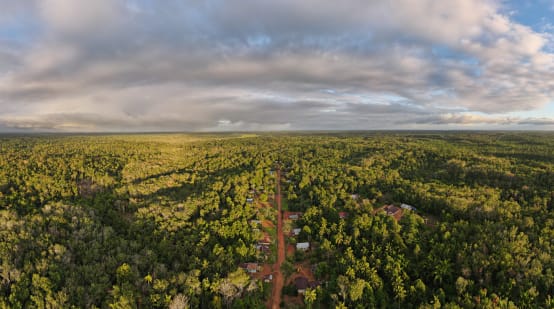 Vue aérienne du village de Wambon dans le district de Boven Digoel (province de Papouasie, Indonésie)