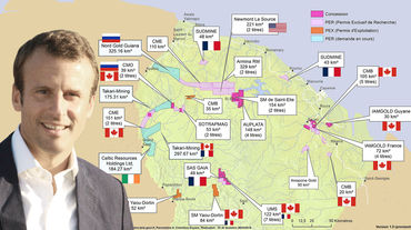 Photomontage : Emmanuel Macron avec en arrière plan la carte des permis miniers en Guyane française