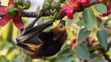 Une roussette noire accrochée à un arbre à la recherche de fruits