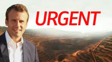 Photomontage : Emmanuel Macron avec en arrière plan un exemple de mine industrielle. Texte URGENT
