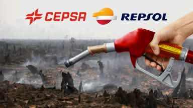 Photomontage : une pompe à essence aux couleurs de l'espagne avant en arrière plan une forêt tropicale venant d'être incendiée pour la culture d'huile de palme