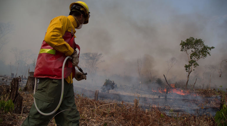 Pompier essayant d'éteindre un incendie de forêt en Bolivie