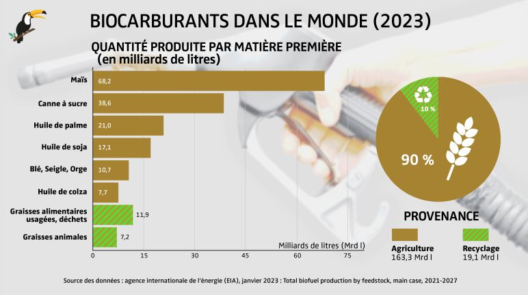 Graphique Quantité de biocarburants produite par matière première et part mondiale en 2023