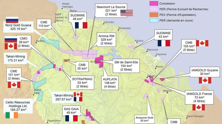 Carte Permis miniers Guyane réalisée par le collectif Or de question