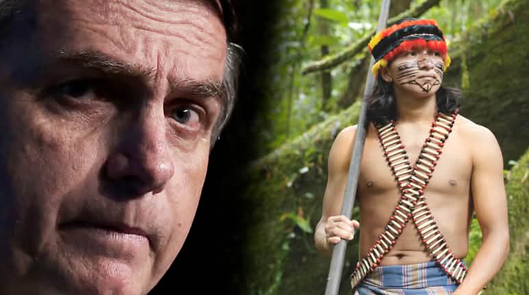 Soutenez l’initiative d’avocats brésiliens auprès de la Cour pénale internationale Photomontage : le prédisent brésilien Jair Bolsonaro (à gauche) et un Indigène d’Amazonie