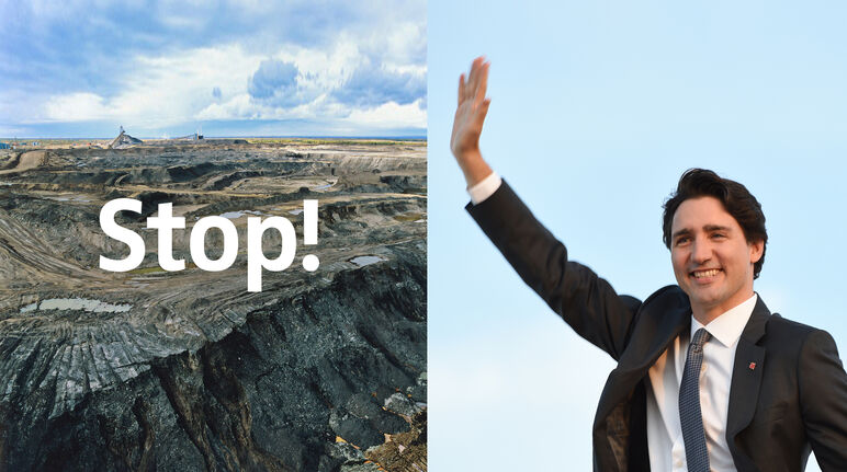 Fotomontage : à gauche une vue aérienne d’une zone dévastée par l’extractiond de sables bituineux, à droite le premier ministre canadien Justin Trudeau