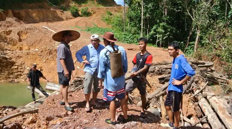 Au Sarawak, des entreprises forestières abattent des arbres illégalement sur le territoire des indigènes Des indigènes regroupés sur une piste créée illégalement par des bûcherons au Sarawak