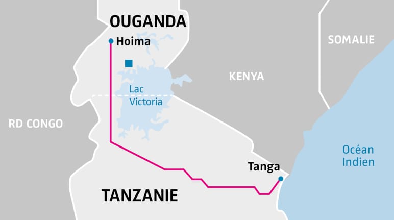 Carte du tracé de l’oléoduc EACOP entre l’Ouganda et la Tanzanie
