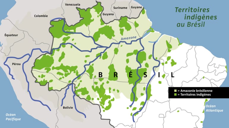 Carte de l’Amazonie brésilienne (vert clair) et des territoires indigènes du Brésil (vert foncé)