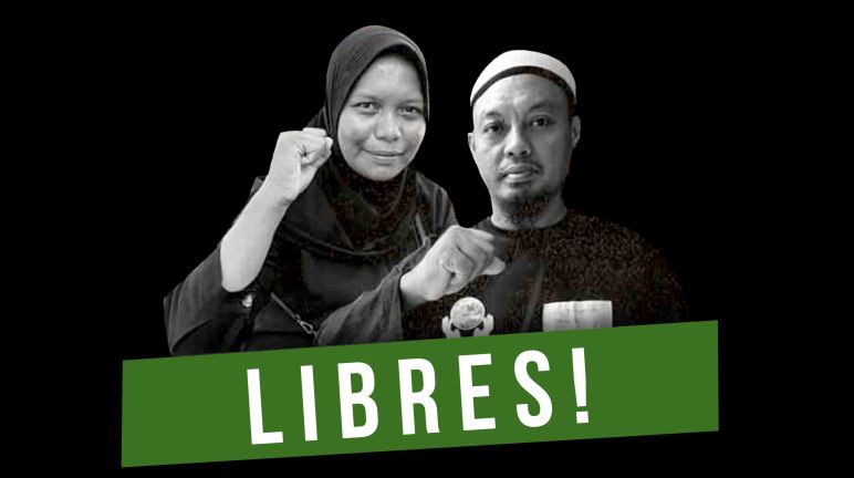 Haslilin et Andi Firmansyah sont libres ! Image en noir et blanc de Mama Kilia (Haslilin) et Andi Firmansyah avec le texte "Libres !"