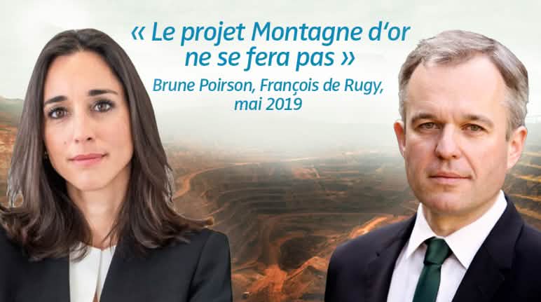 Le ministre et la secrétaire d'État ont enfin clarifié la position du gouvernement sur le projet de mine industrielle Montagne d'or en Guyane Photomontage : Brune Poirson et François de Rugy avec en arrière plan un exemple de mine industrielle. Citation : « Le projet Montagne d'or ne se fera pas » datant de mai 2019