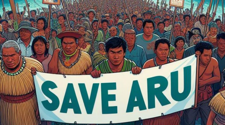 Sauvez les îles Aru ! Illustration représentant une manifestation avec des personnes tenant une bannière sur laquelle est écrit le message "Save Aru"