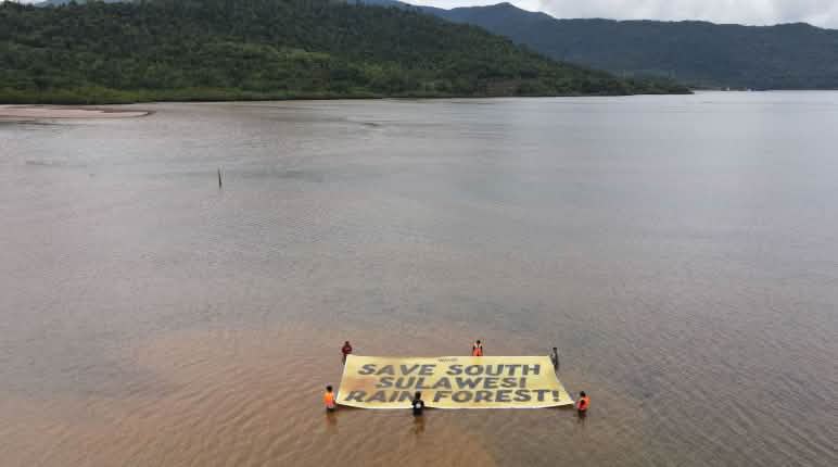 Le lac Mahalona est pollué à cause de l’exploitation du nickel pour les voitures électriques Vue en plongée sur des activistes tenant une bannière au milieu d’un lac pollué