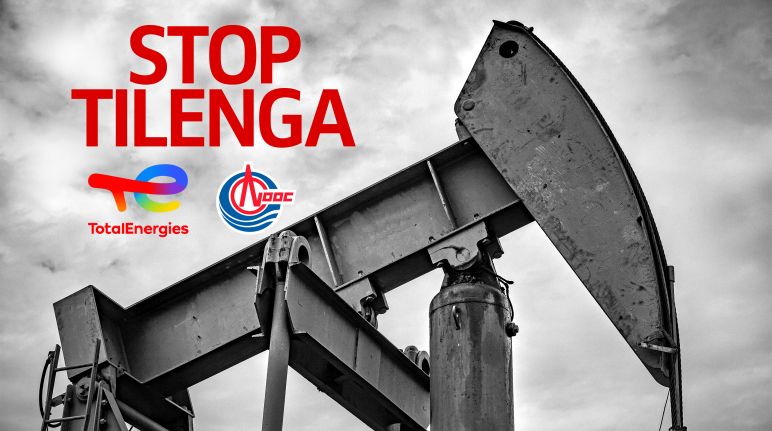 À Total & Co : stop au méga-projet pétrolier Tilenga en Ouganda Stop au projet Tilenga en Uganda. Collage : puit de pétrole et logo de Total