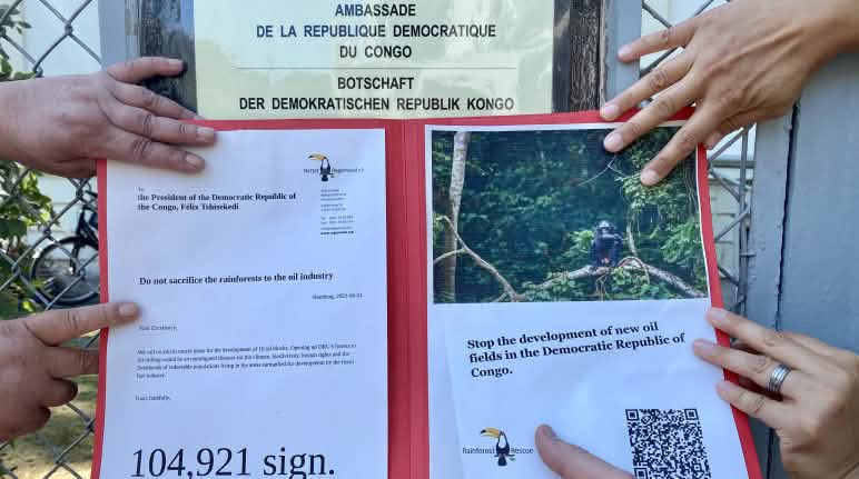 Nous protégeons la forêt tropicale ensemble Des mains de différentes personnes sur notre pétition devant l’ambassade de la RDC à Berlin