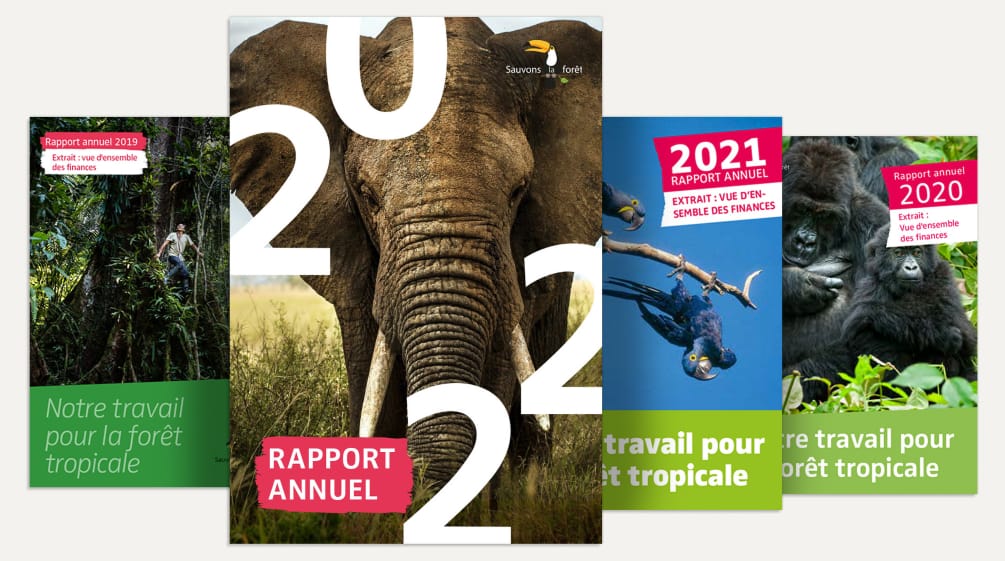 Photomontage : Rapports annuels de Sauvons la forêt de 2019 à 2022