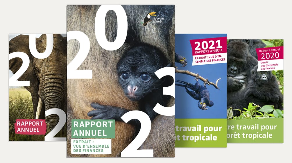 Photomontage : Rapports annuels de Sauvons la forêt de 2019 à 2022