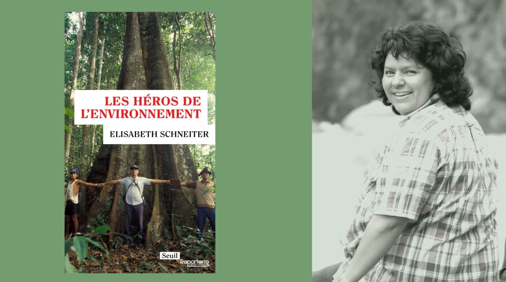 Photomontage : Livre "Les héros de l'environnement" à gauche et l'activiste assassiné Berta Caceres