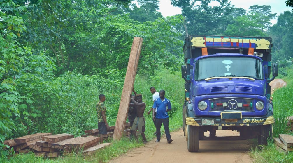 Des hommes chargent des planches sur un camion au Nigeria