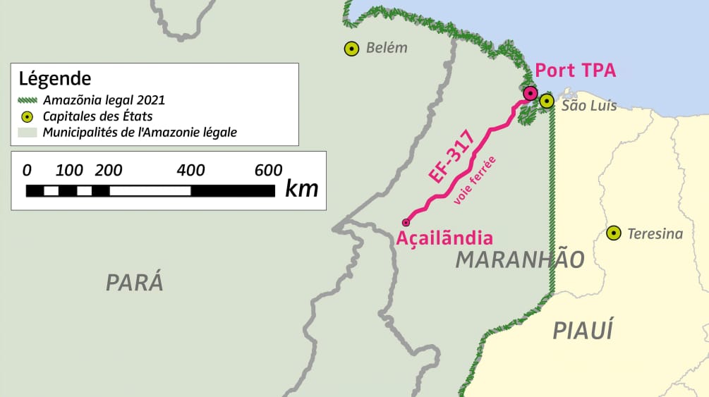 Carte montrant l’emplacement du port TPA et de la voie ferrée de fret EF-317 vers "Amazônia legal 2021" au Brésil