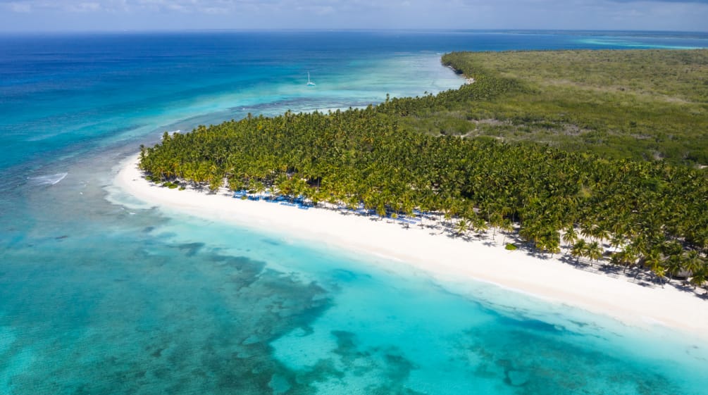 Vue aérienne de l’île Saona en République Dominicaine avec ses cocotiers et sa mer des Caraïbes turquoise