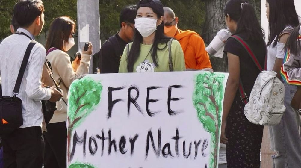 Une militante tient une grande pancarte sur laquelle on peut lire « Free Mother Nature Activist ! »