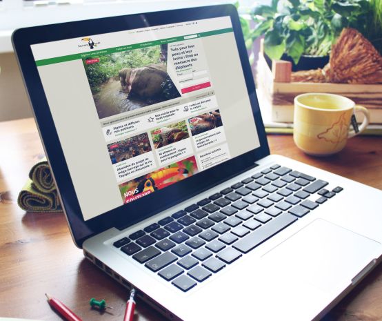 Posé sur une table, un ordinateur portable sur lequel apparait le nouveau site de Sauvons la forêt