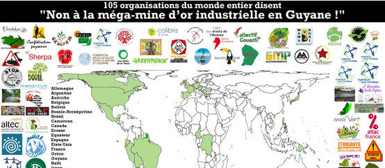 Carte du Monde localisant les 105 organisations s'opposant au projet de mine industrielle Montagne d'Or en Guyane