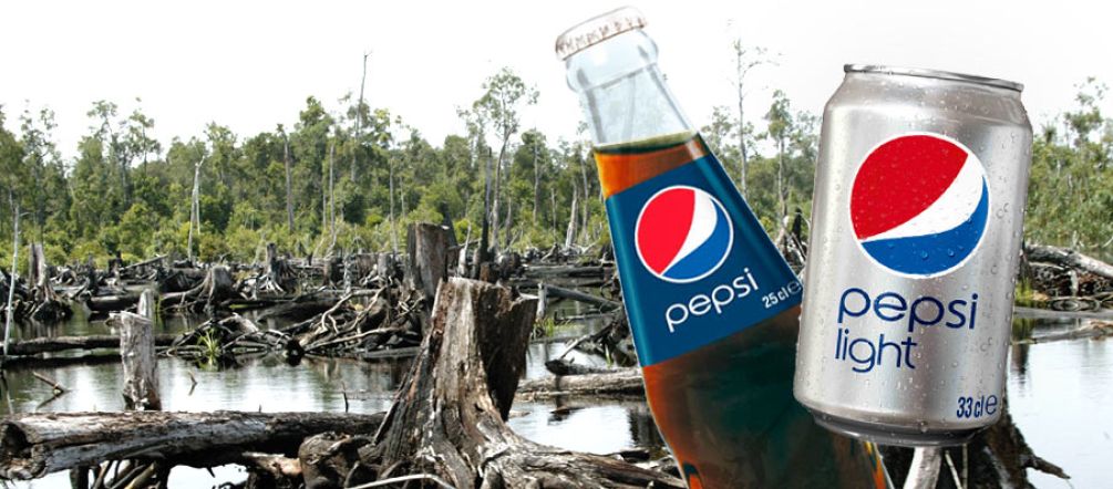 PepsiCo se soucie peu de la déforestation tropicale causée par l’huile de palme Une bouteille et une canette de Pepsi-Cola avec en arrière-plan une forêt tropicale en cours de défrichement.