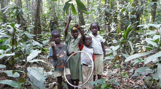 Quatre enfants jouent dans la forêt tropicale du Libéria