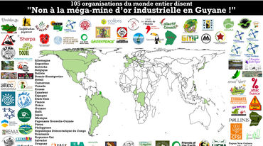 Carte du Monde localisant les 105 organisations s'opposant au projet de mine industrielle Montagne d'Or en Guyane