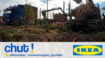 En haut : photo - dans un paysage déboisé une abatteuse, au premier plan, charge un camion de troncs d'arbres. En bas : sur fond blanc, logo de IKEA à droite, à gauche en gros le mot « CHUT ! » et en dessous les mots « déforester, communiquer, profiter »