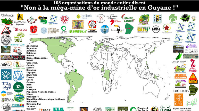 Carte du Monde localisant les 105 organisations s'opposant au projet de mine industrielle Montagne d'Or en Guyane